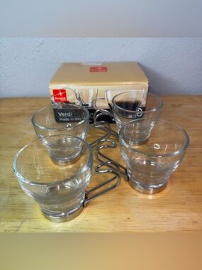 Bormioli Rocco Verdi 4pc 3.5oz Glass Espresso Cups Silver Handle NIB
